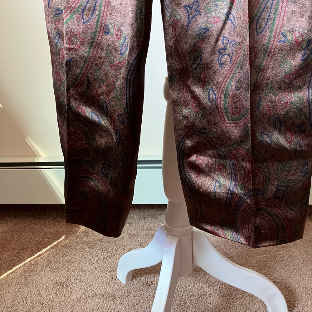 Perry Ellis Vintage Brown Paisley High Waisted Ladies Cropped Silk Trousers - Picture 6 of 11